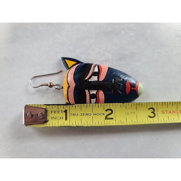 Painted Wooden Dangling Cat Face Earrings Vintage Costume Jewelry New Old Stock - Picture 8 of 10